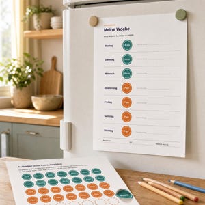 Umgangskalender für Kinder getrennt lebender Eltern, Wechselmodell Kalender ohne Datum, Wochenplan mit Aufklebern, PDF zum Ausdrucken