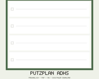 ADHS Putzplan PDF Deutsch | ADHS-freundlicher Putzplan zum Ausdrucken | Neurodivergent Checkliste | A4 Digital Download