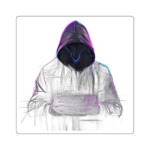 Op de afbeelding: Een digitale illustratie van een figuur met een capuchon die een donker masker draagt met gloeiende blauwe en paarse neoncontouren. De figuur is afgebeeld in een schetsachtige stijl op een witte achtergrond met een kledingstuk met capuchon.