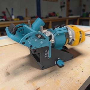 Op de afbeelding: Een blauwgroen en zwart elektrisch gereedschapsaccessoire met een verstelbare hoekgeleider met markeringen voor 0, 45 en 90 graden, bevestigd aan een geel en zwart elektrisch gereedschap. De basis bevat een verticale schaal van 0 tot 30 en een blauwgroene instelknop.
