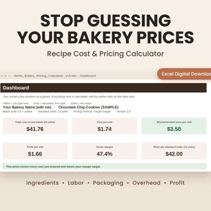 May include: A digital Excel recipe cost and pricing calculator dashboard for bakeries. The interface displays fields for total batch cost, cost per unit, recommended price, profit per unit, gross margin, and price per standard order with sample data.