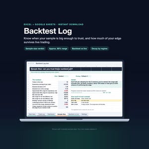 Backtestlogboek in spreadsheetformaat, tracker voor backtesting van handelsstrategieën, backtest- versus live-resultaten (Excel en Google Sheets)