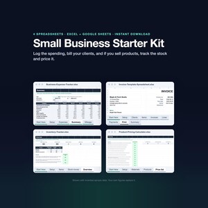 Può includere: Un kit di avvio per piccole imprese con quattro fogli di calcolo per Excel e Google Sheets. L'interfaccia mostra un registro spese, un modello di fattura, un registro inventario e un calcolatore per i prezzi dei prodotti.