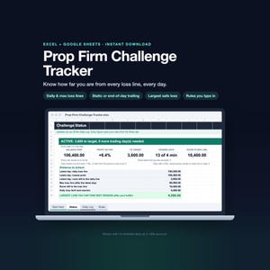 May include: A digital Prop Firm Challenge Tracker spreadsheet for Excel and Google Sheets displayed on a laptop screen. The interface shows a Challenge Status dashboard with financial metrics, trading days, and distance to breach calculations.