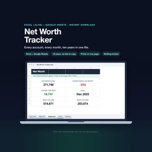 May include: A digital Net Worth Tracker spreadsheet template for Excel and Google Sheets displayed on a laptop screen. The interface shows financial data including net worth, monthly changes, and totals for what is owned and what is owed in USD.