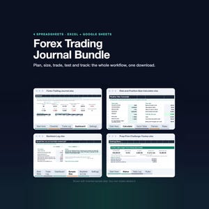 Puede incluir: Un paquete de diario de trading de Forex que contiene cuatro hojas de cálculo para Excel y Google Sheets. La interfaz digital muestra un panel de control, una calculadora de riesgo y tamaño de posición, un registro de backtest y un rastreador.