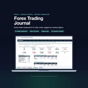 Könnte beinhalten: Ein digitales Forex-Handelsjournal für Excel und Google Sheets auf einem Laptop-Bildschirm. Das Dashboard zeigt Handelsmetriken wie Trades, Gewinnrate, Erwartungswert, Gewinnfaktor, Netto-Gewinn/Verlust und Drawdown in verschiedenen Tabellen.