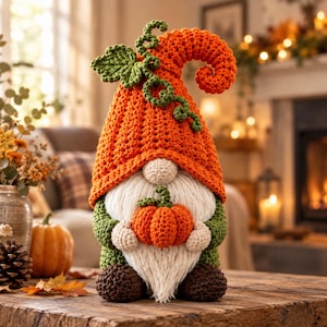 May include: A crocheted gnome figurine featuring a tall, textured orange hat adorned with a green crocheted leaf and vine. The gnome has a white yarn beard, green sleeves, brown feet, and is holding a small, round, orange crocheted pumpkin.