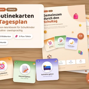 Könnte beinhalten: Ein zweisprachiges Routinekarten- und Tagesplan-Workbook für Schulkinder auf Deutsch und Türkisch. Das Set enthält 33 Bildkarten, 3 Plantafeln und eine Urkunde. Die Seiten sind mit farbigen Symbolen, Texten und einem beigen Hintergrund gestaltet.
