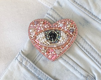 Crystal Eye Bead Brooch, Pink Beaded Heart Brooch, Evil eye brooch pin