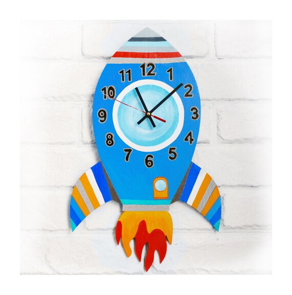 Blue Rocket Large Wall Clock Home Decor For Children Kid Boy Nursery Playroom Wall Clocks Handmade