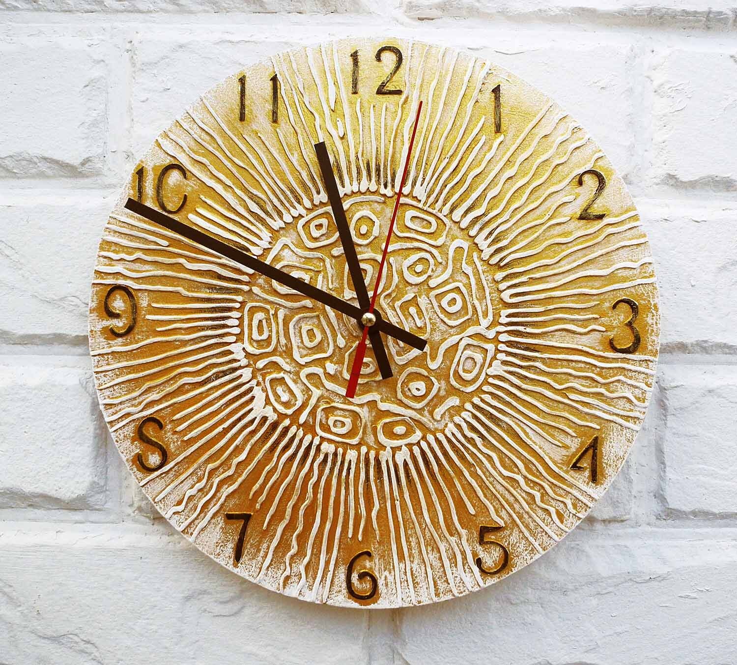 Gold Sun Wall Clock Modern wall clock with numbers White Etsy