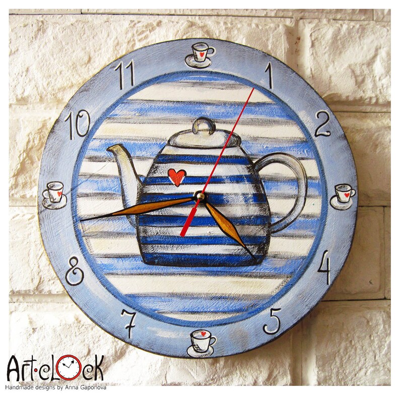 Blue Teapot Wall Clock Modern Wall Clock With Numbers White Etsy