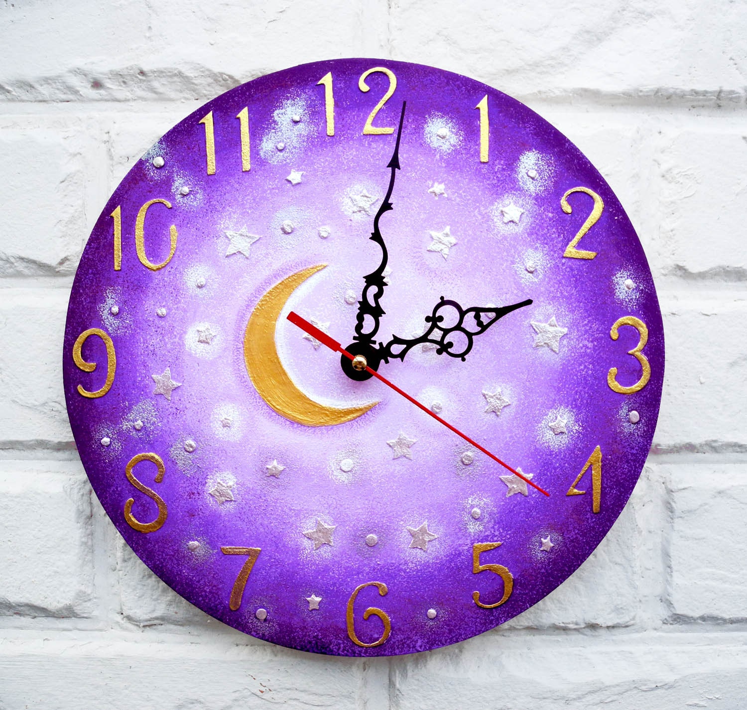 Purple Moon and Stars Modern wall clock with numbers wood Etsy