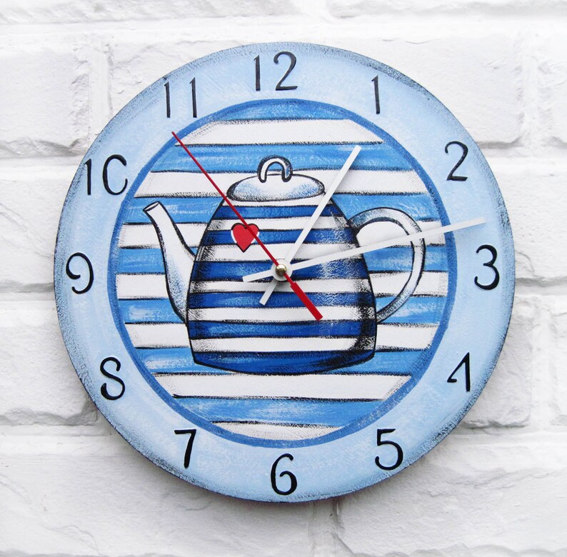 Blue Teapot Wall Clock Modern Wall Clock With Numbers White Etsy