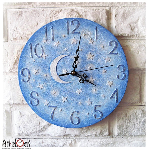 Moon and Stars,  Blue Wall Clock, Home Decor for Children