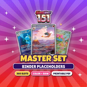 Può includere: Un set di segnaposto per raccoglitori Scarlet & Violet 151 Master Set con tre carte collezionabili: Blastoise ex, Charizard ex e Venusaur ex. La grafica include il testo Master Set, Binder Placeholders, 360 slots, Color + B&W e Printable PDF.