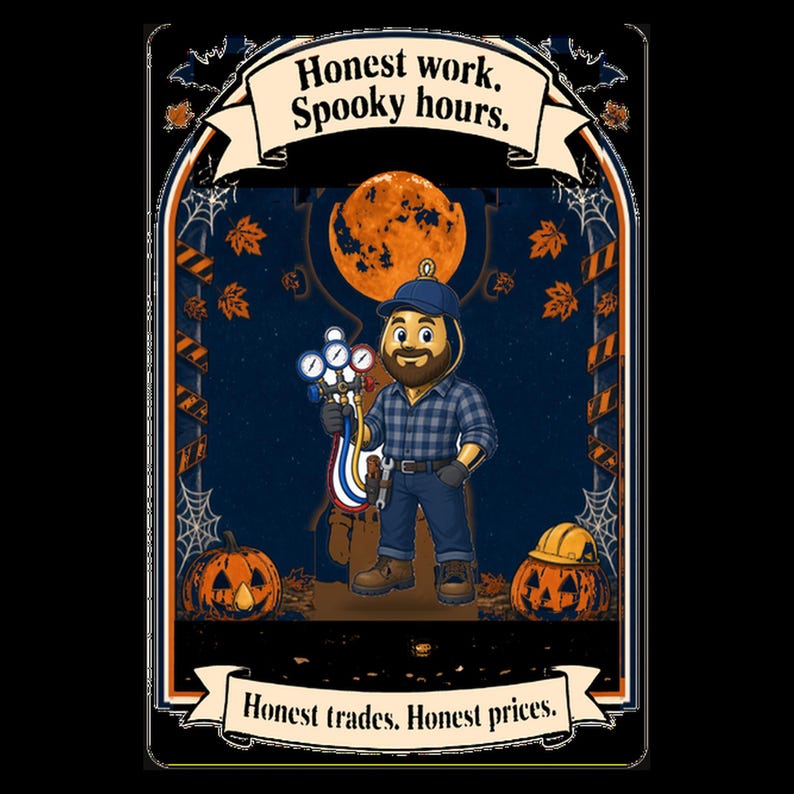 May include: A graphic illustration featuring a bearded worker in a plaid shirt holding HVAC gauges. The text reads Honest work. Spooky hours. and Honest trades. Honest prices. The scene includes a full orange moon, pumpkins, and spiderwebs.