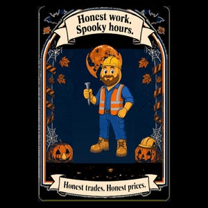 May include: A graphic illustration featuring a construction worker in a yellow hard hat and orange safety vest holding a nail. The text reads "Honest work. Spooky hours." and "Honest trades. Honest prices." with pumpkins, autumn leaves, and spider webs.
