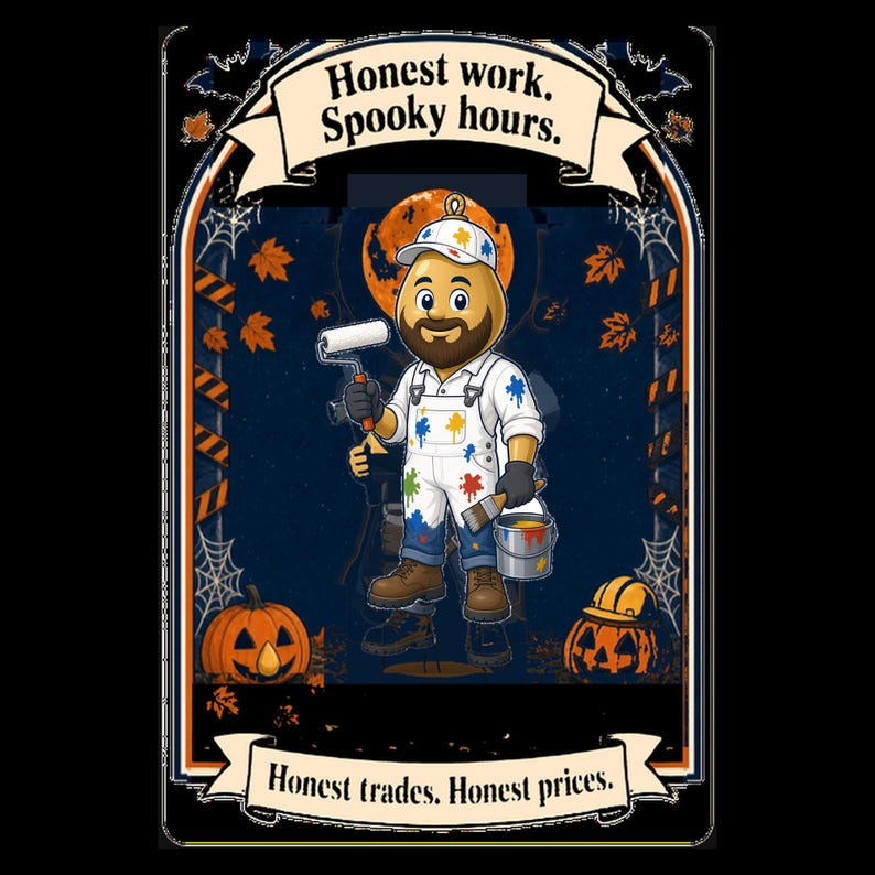 May include: A rectangular graphic print featuring a cartoon painter with a beard, wearing white overalls splattered with colorful paint, holding a paint roller and a bucket. The text reads Honest work. Spooky hours. and Honest trades. Honest prices.