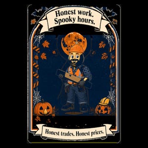 May include: A graphic illustration featuring a construction worker in an orange hard hat and safety vest holding a wooden plank. The text reads Honest work. Spooky hours. and Honest trades. Honest prices. with pumpkins, autumn leaves, and spiderwebs.