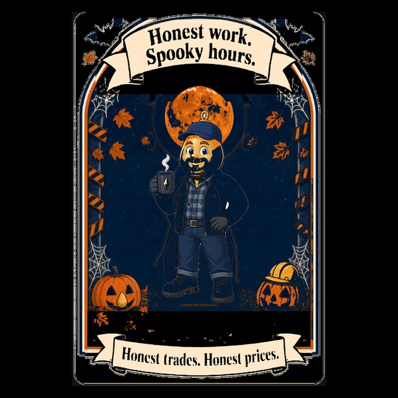 May include: A graphic illustration featuring a bearded character in a cap, flannel shirt, and jacket holding a mug. Text reads Honest work. Spooky hours. and Honest trades. Honest prices. The scene includes pumpkins, autumn leaves, and a moon.