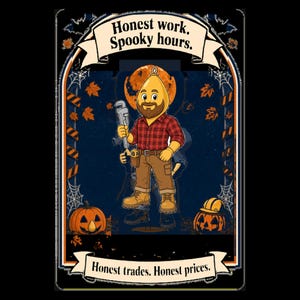 May include: A rectangular graphic print featuring a cartoon character with a yellow teardrop-shaped head and beard, wearing a red plaid shirt and brown pants. Text reads Honest work. Spooky hours. and Honest trades. Honest prices. with pumpkins.