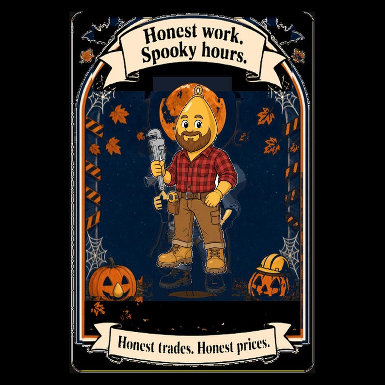 May include: A rectangular graphic print featuring a cartoon character with a yellow teardrop-shaped head and beard, wearing a red plaid shirt and brown pants. Text reads Honest work. Spooky hours. and Honest trades. Honest prices. with pumpkins.