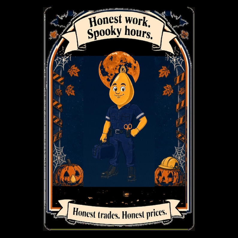 May include: A rectangular graphic print featuring a yellow, teardrop-shaped character in a dark blue work uniform, holding a tool bag. The text reads Honest work. Spooky hours. and Honest trades. Honest prices. with orange pumpkins and a full moon.