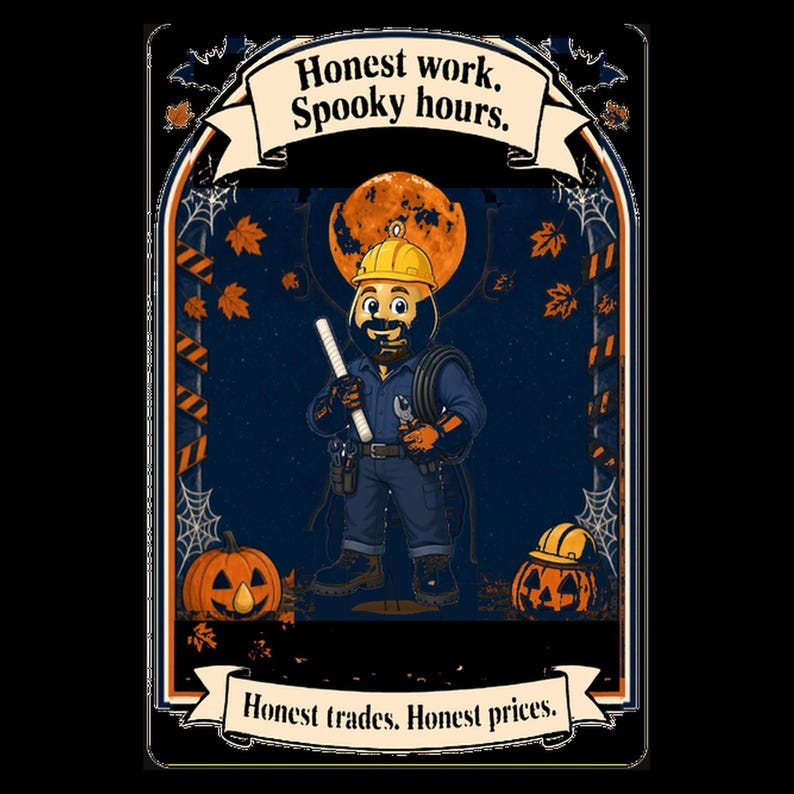 May include: A rectangular graphic print featuring a cartoon construction worker in a yellow hard hat, blue uniform, and work boots. The text reads Honest work. Spooky hours. and Honest trades. Honest prices. with pumpkins, spiderwebs, and a moon.