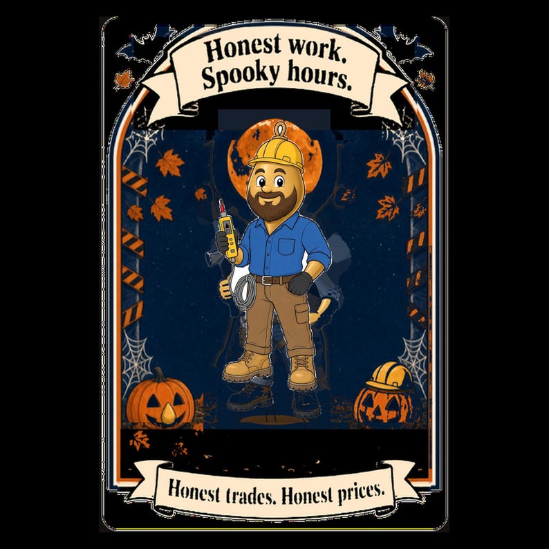 May include: A graphic illustration featuring a cartoon construction worker in a blue shirt, tan pants, and yellow hard hat, holding a tool. The text reads Honest work. Spooky hours. and Honest trades. Honest prices. with pumpkins and autumn leaves.
