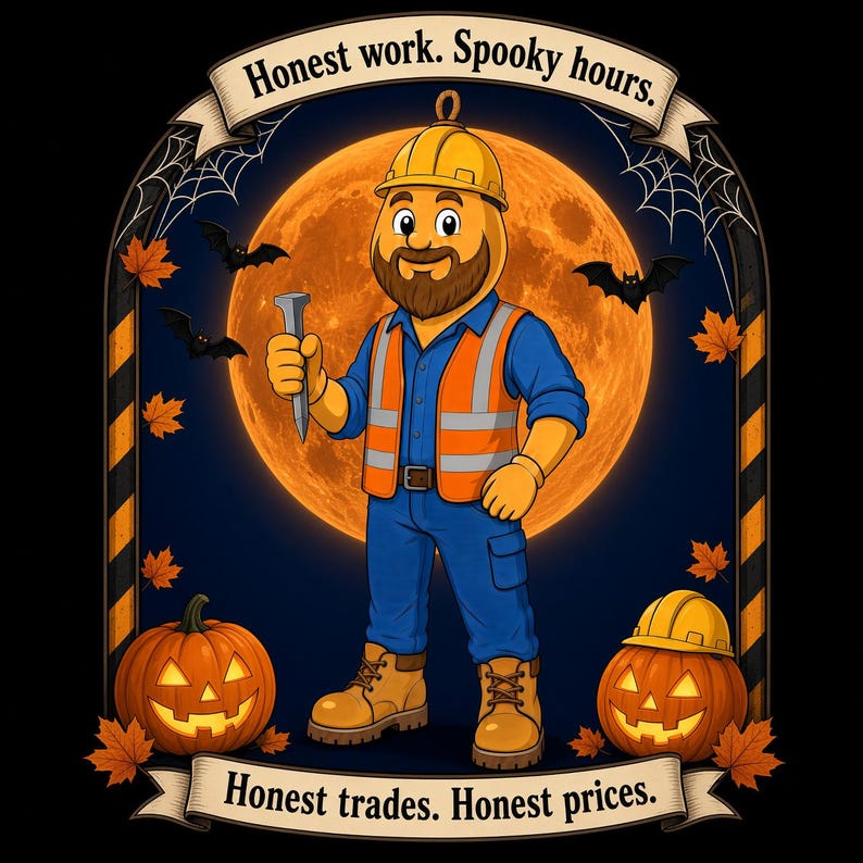May include: A cartoon construction worker with a beard, yellow hard hat, orange safety vest, blue shirt, and pants, holding a nail. The background features a large orange moon, bats, spiderwebs, and two jack-o'-lanterns with text Honest work. Spooky hours. Honest trades. Honest prices.