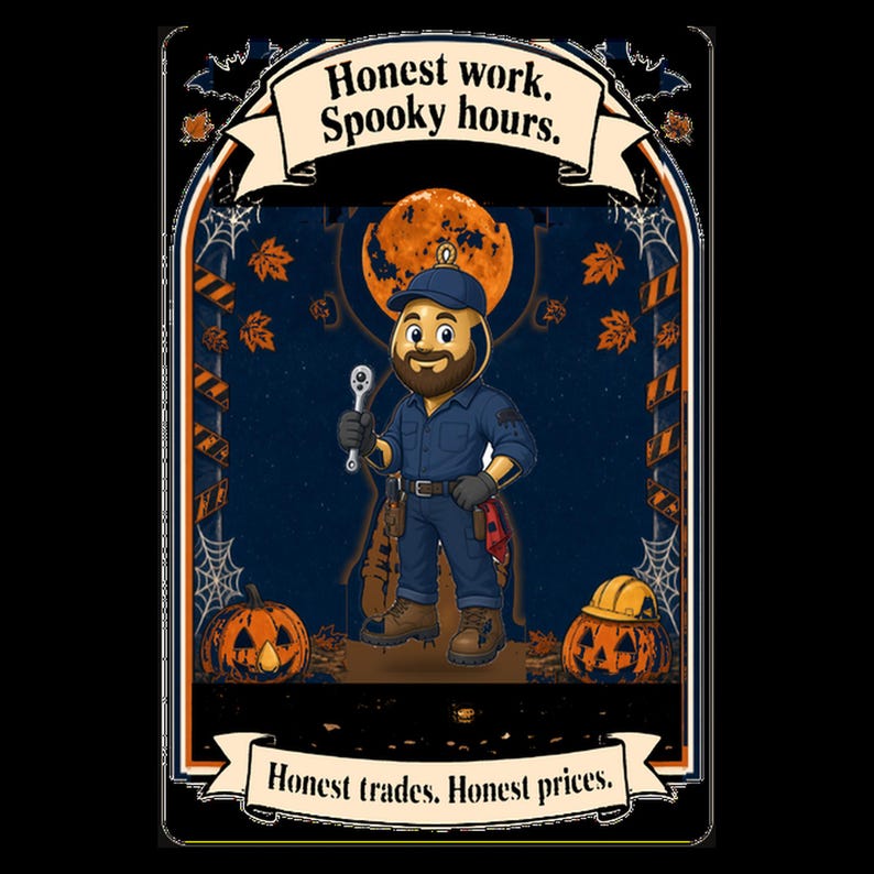May include: A graphic illustration featuring a bearded worker in a blue uniform holding a wrench. The text reads Honest work. Spooky hours. and Honest trades. Honest prices. The scene includes a large orange moon, pumpkins, and spider webs.
