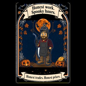 May include: A graphic illustration featuring a welder in a plaid shirt and apron, holding a welding torch. The text reads Honest work. Spooky hours. and Honest trades. Honest prices. The scene includes a full moon, pumpkins, and spider webs.