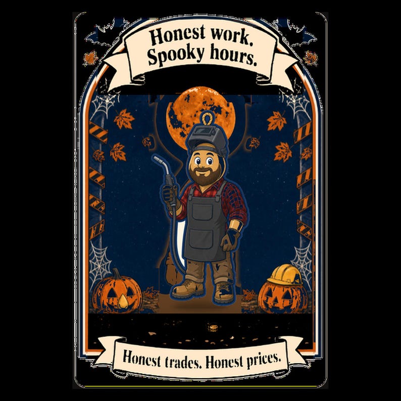 May include: A graphic illustration featuring a welder in a plaid shirt and apron, holding a welding torch. The text reads Honest work. Spooky hours. and Honest trades. Honest prices. The scene includes a full moon, pumpkins, and spider webs.
