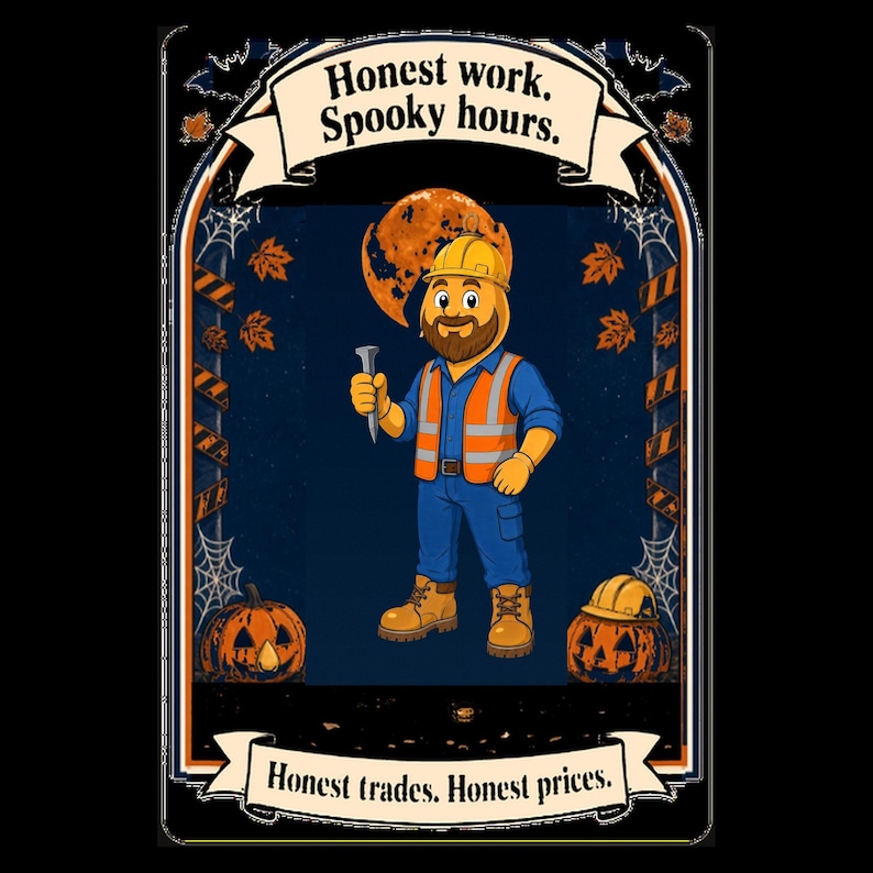 May include: A graphic illustration featuring a construction worker in a yellow hard hat and orange safety vest holding a nail. The text reads "Honest work. Spooky hours." and "Honest trades. Honest prices." with pumpkins, autumn leaves, and spider webs.