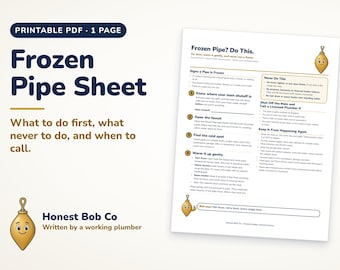 Frozen Pipe Sheet Printable, What to Do When Pipes Freeze, Safe Pipe Thawing Guide, Winter Plumbing Emergency Tips, Homeowner PDF