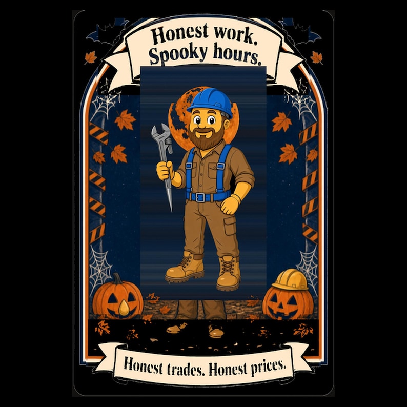 May include: A graphic illustration featuring a bearded worker in a blue hard hat, brown uniform, and blue suspenders holding a wrench. The text reads Honest work. Spooky hours. and Honest trades. Honest prices. with pumpkins and autumn leaves.