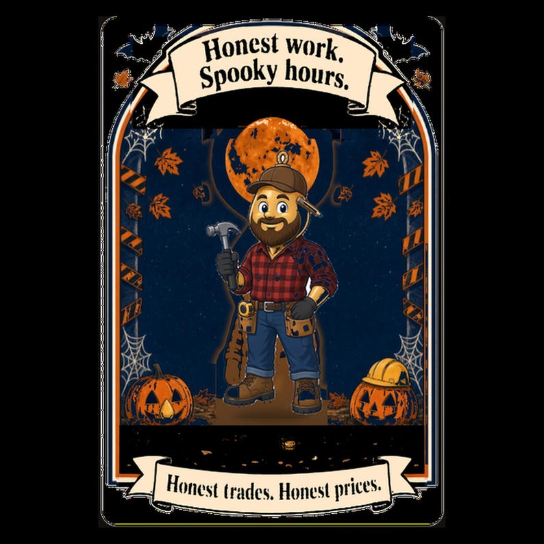May include: A graphic illustration featuring a bearded construction worker holding a hammer, wearing a red plaid shirt, blue jeans, and a tool belt. The background shows a full orange moon, pumpkins, and text reading Honest work. Spooky hours. Honest trades. Honest prices.