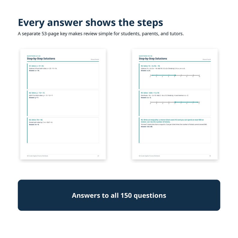 8th Grade Algebra Workbook PDF | 150 Questions + Step-by-step Answer ...