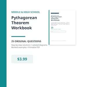 Könnte beinhalten: Ein digitales Arbeitsbuch mit dem Titel Middle & High School Pythagorean Theorem Workbook, das 25 Originalaufgaben, schrittweise Lösungen, beschriftete Diagramme und ausgearbeitete Beispiele in dunkelblauer Schrift auf weißem Grund enthält.