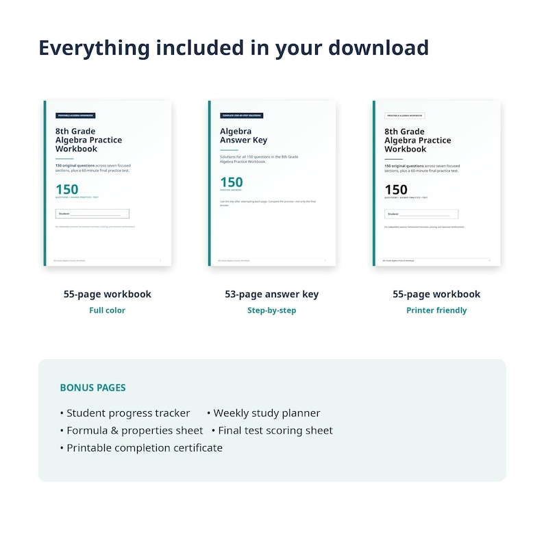 8th Grade Algebra Workbook PDF | 150 Questions + Step-by-step Answer ...