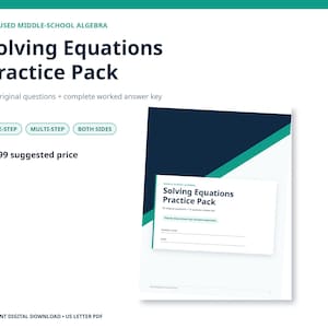 Lös ekvationer övningspaket PDF | 50 algebrafrågor med steg-för-steg-facit | Utskrivbar matematik för årskurs 8