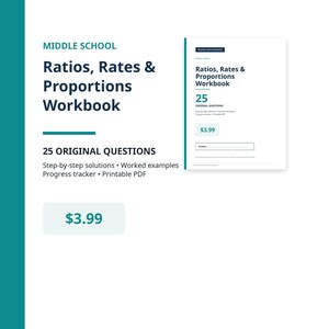 Peut inclure: Un cahier d'exercices blanc intitulé Middle School Ratios, Rates & Proportions Workbook avec 25 questions originales. La couverture présente du texte bleu foncé, des accents sarcelle, des solutions détaillées et un suivi de progression.