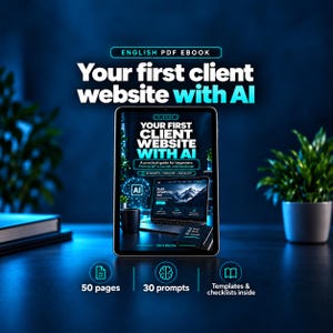May include: A digital PDF ebook titled Your first client website with AI, featuring a cover image of a laptop, a coffee mug, and a notebook. The ebook includes 50 pages, 30 prompts, and various templates and checklists for beginners to build websites.