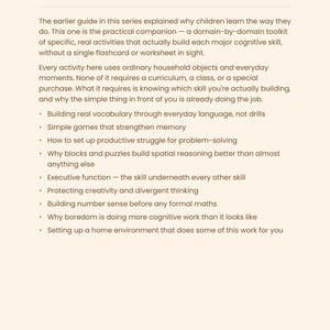 May include: A page of text titled Welcome, describing a practical guide for building cognitive skills in children using household objects. The text outlines topics like vocabulary, memory, problem-solving, spatial reasoning, and executive function.