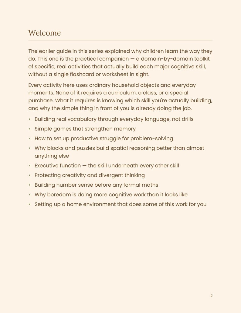 May include: A page of text titled Welcome, describing a practical guide for building cognitive skills in children using household objects. The text outlines topics like vocabulary, memory, problem-solving, spatial reasoning, and executive function.