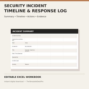 Op de afbeelding: Een digitaal sjabloon getiteld Security Incident Timeline & Response Log met een Incident Summary-tabel met kolommen voor velden en waarden, inclusief rijen voor Incident ID, Title, Date, Reported By, Incident Lead en Severity-niveaus.