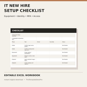 May include: An IT New Hire Setup Checklist editable Excel workbook template. The document features a table with columns for Phase, Task, Owner, Due Date, and Status, listing onboarding steps like intake, equipment assignment, and endpoint configuration.