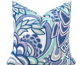 Blue Paisley Pillow Cover, Purple and Mint Green Botanical Print, Paisley Periwinkle